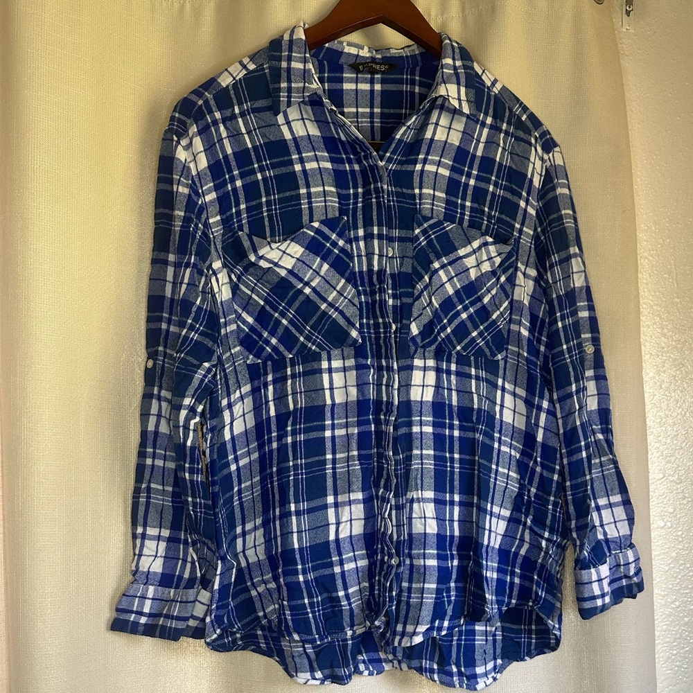 Express Blue and White Plaid Flannel Button-Up Shirt
